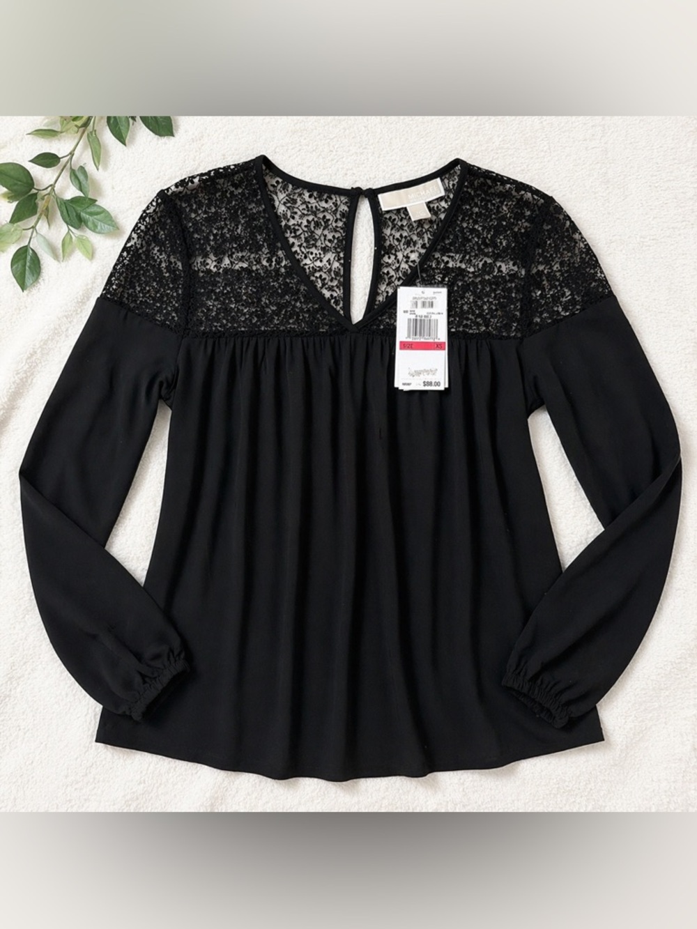 Michael Kors Black Lace Yoke Blouse XS Long Sleeve Flowy NWT